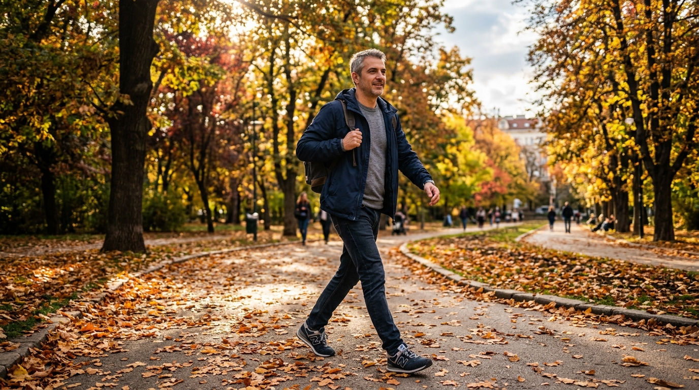 Мъж се разхожда в парк сред есенни дървета